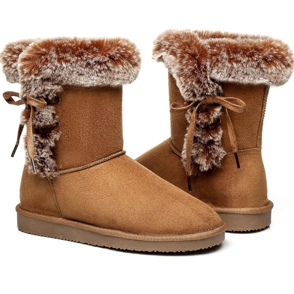 Women's Carmel Brown Faux Fur/Suede Ugg Style Mid Calf Snow Boot- Size 9 - Picture 1 of 10